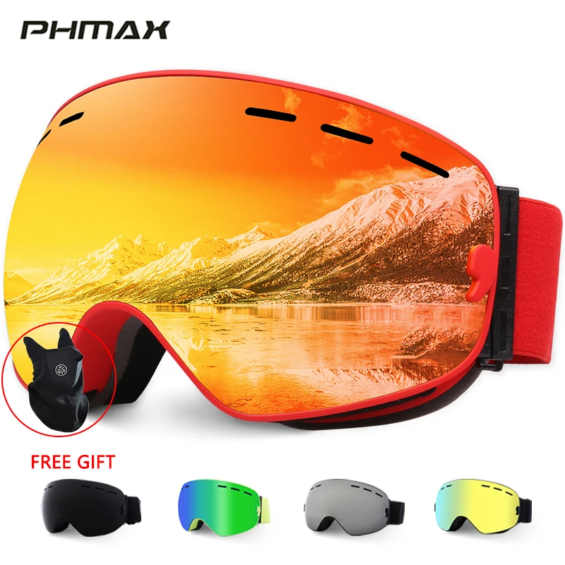 PHMAX лыжные очки с лыжной маской для мужчин и женщин, очки для сноуборда, очки для катания на лыжах с защитой от уф400 лучей, противотуманные снежные лыжные очки