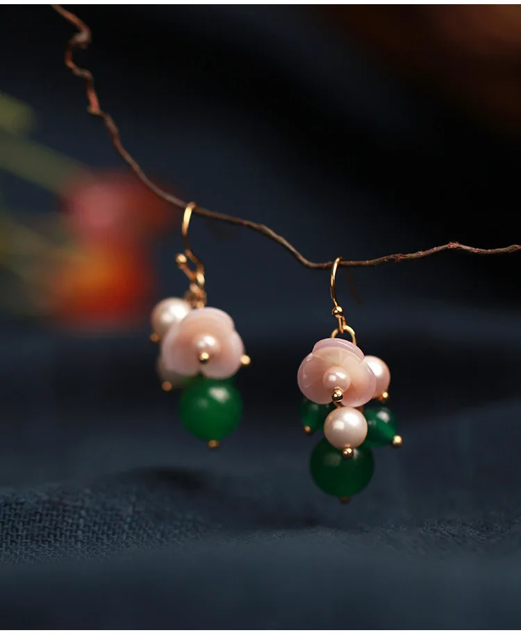 Милые вырезные ракушки цветок ретро жемчужные серьги натуральный зеленый камень Бусины этнический стиль серьги