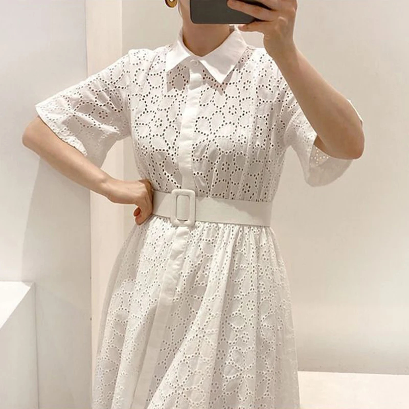 

Elegant Women Turn down collar Maxi dresses 2020 New Short sleeve Female Pleated Lace dress with belt Buttons Sexy INKEO 9D261