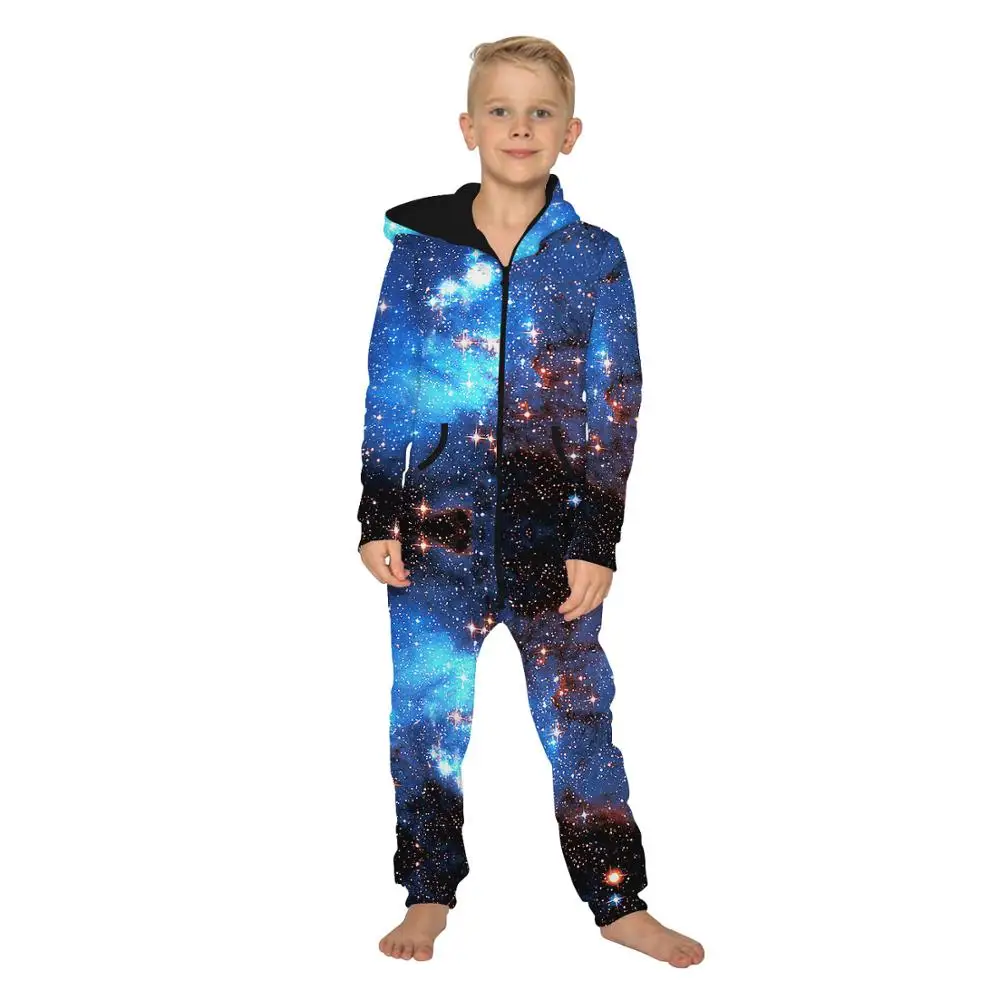 

New Starry Sky Child Wear Zipper Hooded Sweatpants Loose Fleece Jumpsuit
