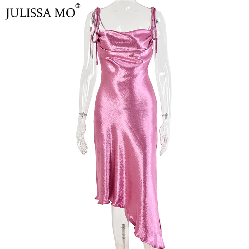 

Julissa mo Metallic Satin Straps Long Dress Summer Backless Women Asymmetrical Dress Female Elegant Christmas Party Vestidos