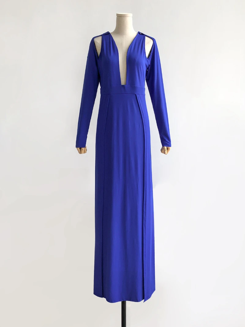 

Adogirl Elegant Off Shoulder Deep V Neck High Split Long Sleeve Women Dress Blue Green Black Sexy Ladies Dinner Party Dress