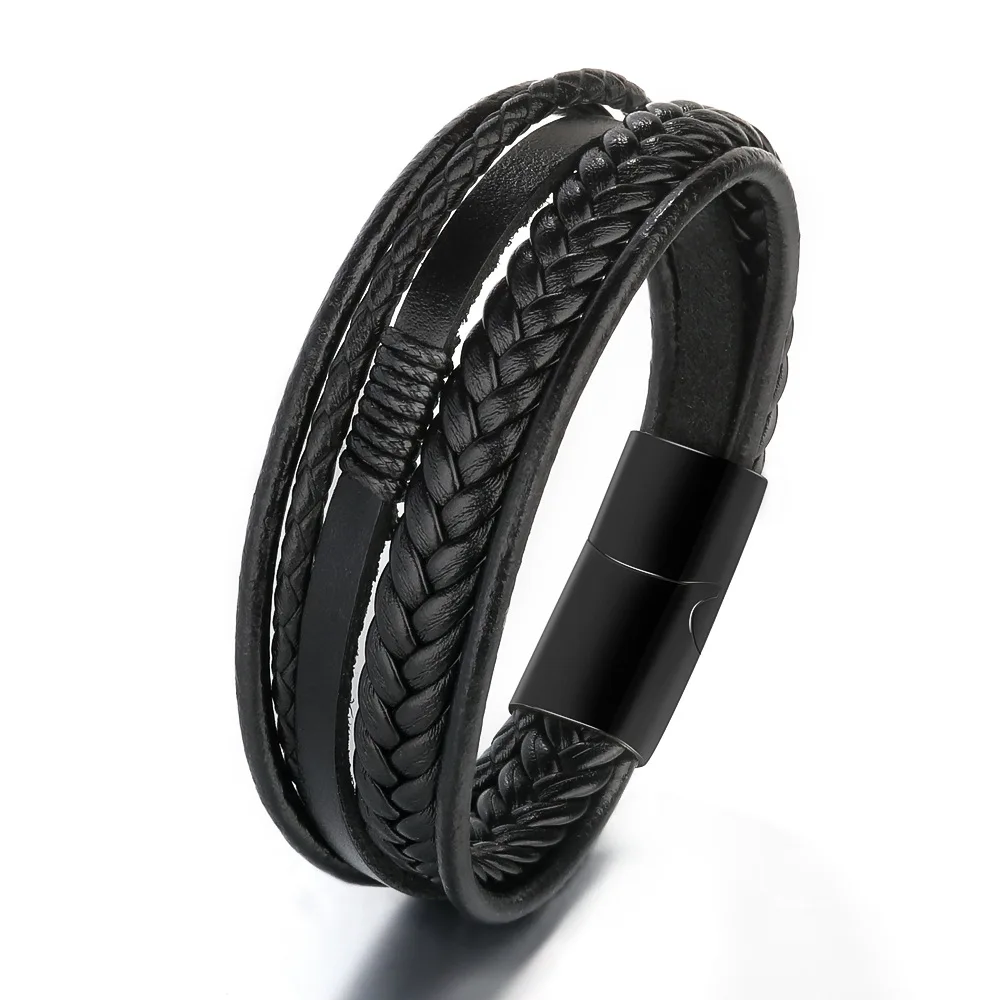 

European And American Fashion Personalized Stainless Steel Pu Leather Hand Woven Rope Titanium Bracelet For Men
