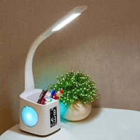 new led desk lamp usb charging night light alarm clock thermometer calendar 3 level dimmer table lamp with pen holder with fan