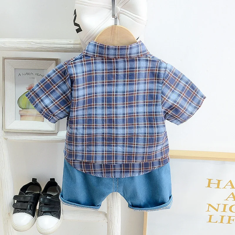 Summer new Boys Clothing Baby boy cute plaid short-sleeved shirt + shorts Set 2 pieces Children Sets |