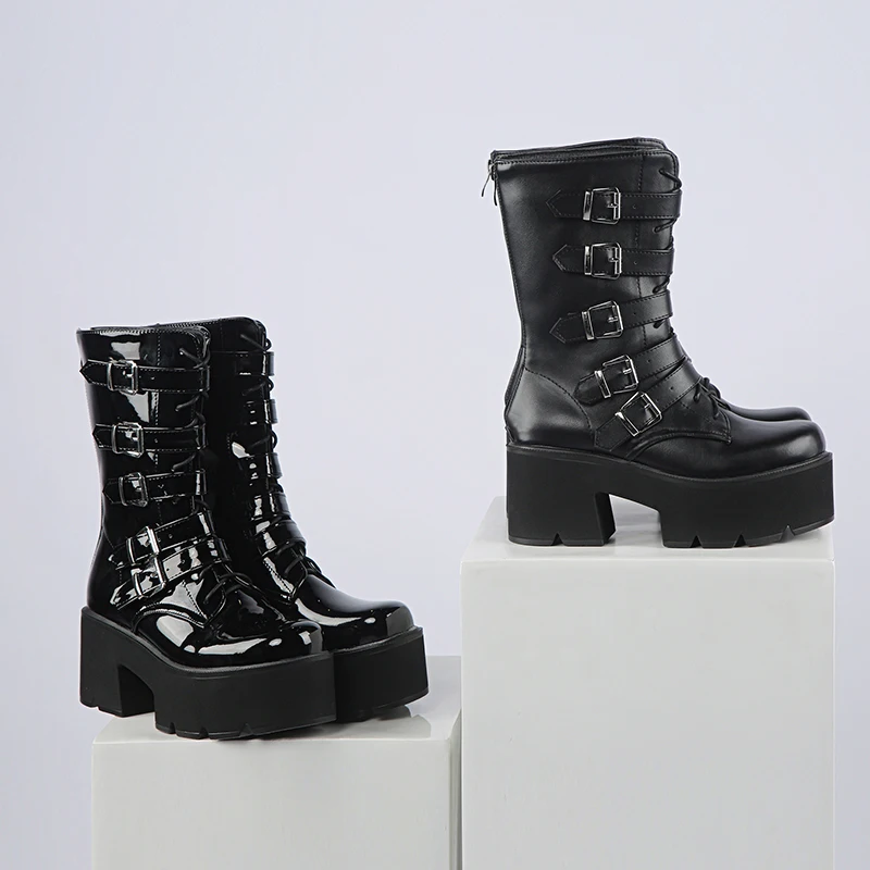 

MStacchi Sexy Mid Calf Boots Women Black Back Zipper Square Toe Belt Buckle Platform Botas Female Thick Bottom Party Shoes 2020