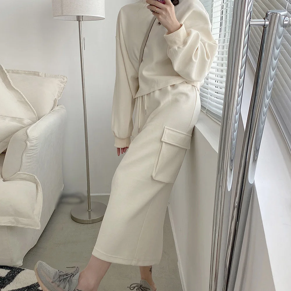 Caual Streetwear Two Piece Sets Autumn Solid Color Casual Skirt Suit Female Korean Loose Round Neck Long Sleeve Split Hoodie |
