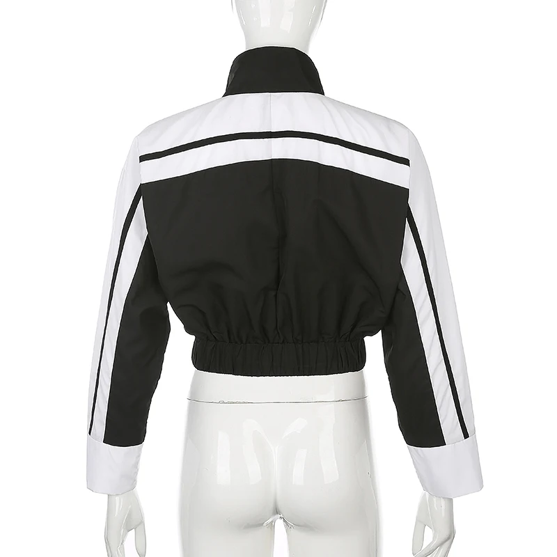 

IAMHOTTY Letter Embroidery Striped Patchwork Coats Woman Contrast Zipper Turtleneck Jackets Slim Waist Harajuku Tracksuit Jacket