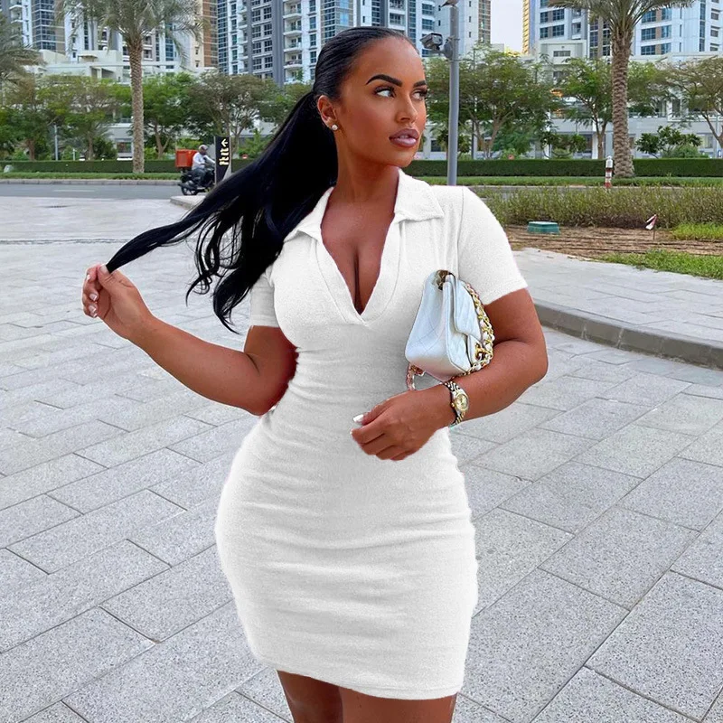 

Women Casual Short Sleeve Skinny Dress Summer Fashion Solid Color V-neck Mini Dress
