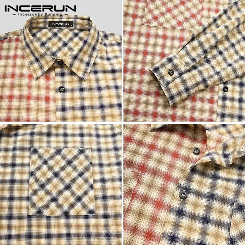

2021 Plaid Patchwork Men Shirt Lapel Long Sleeve Button Loose Casual Ladies Shirts Streetwear Vintage Camisa Hombre INCERUN 5XL