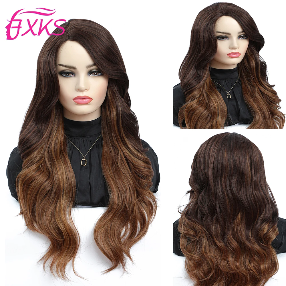

Ombre Brown Synthetic Hair Lace Wigs Body Wave Part Lace Wigs Long Hair Synthetic Wigs Invisible Skin L Part Wigs 24Inch FXKS