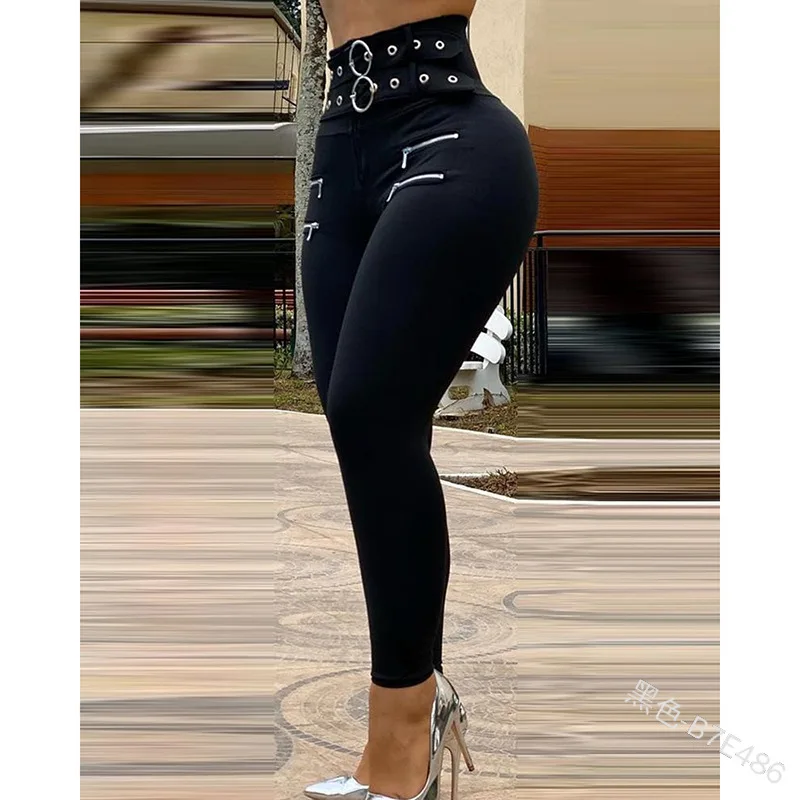 

Women Trousers Tight-fitting Split Rivet Zipper Sexy Bottoming Solid Color Belt Four Seasons High Waist Pencil Feet Pants