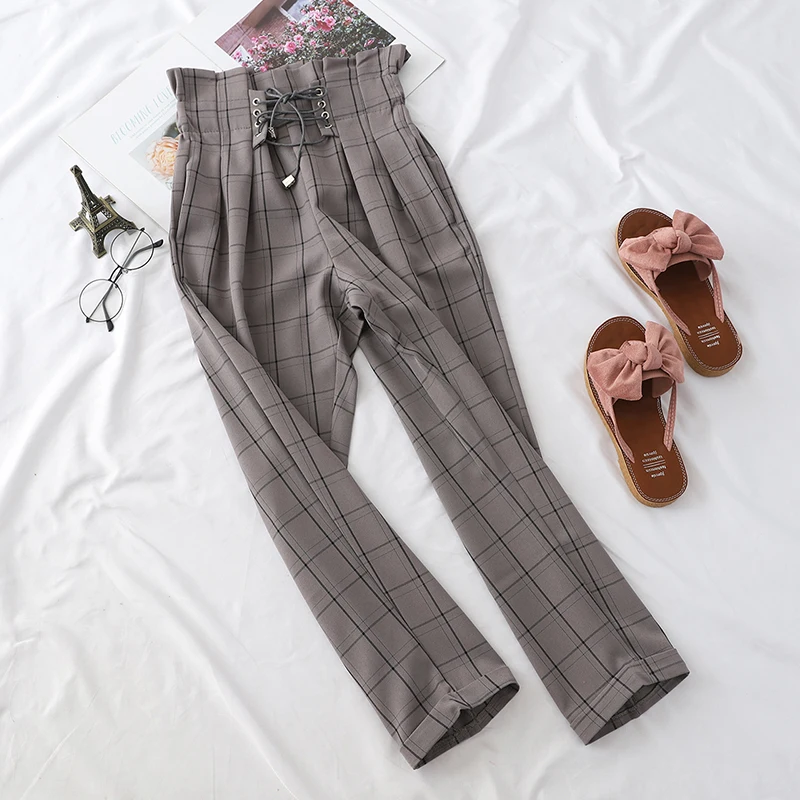 2020 Fashion Women Lace Up High Waist Ankle Length Loose Plaid Harem Pants Bandages Tie Ruffle Japanese Harajuku Casual