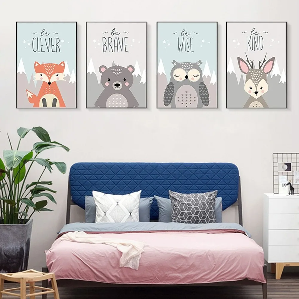 

Cute Cartoon Animal Canvas Painting Fox Bear Deer Owl Posters Children Room Kindergarten Wall Art Decorative Painting Pictures