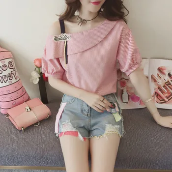 Women Striped Blouses Sexy One shoulder Loose Blue Blouse Lantern Sleeve Spring Button Casual Shirt Tops 1