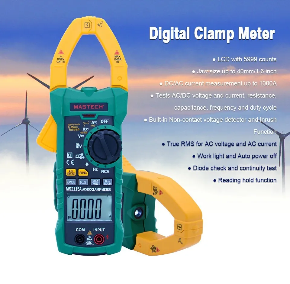 MASTECH цифровой клещи MS2115A AC/DC 1000A Автоматический диапазон клещи мультиметр клещи измеритель тока тестер 6000 отсчетов