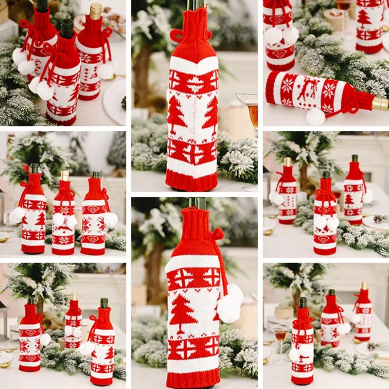 

Wine Bottle Bag Christmas Red Wine Bottle Cover Xmas Dress Woven Bag Hat For Beer Bottle New Year Home Party Table Decoration