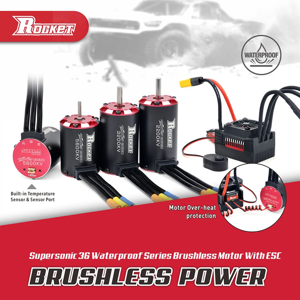 

RC Motor Rocket V2 Supersonic Brushless Motor w/Temp Sensor 3650 3660 3665 w/45A 60A 80A ESC for 1/8 1/10 Tamiya Traxxas RC Car