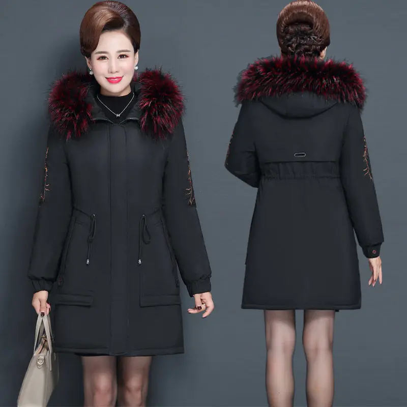 

Gray womens parka jacket 2019 fashion slim embroidered Top Large fur collar hood cotas thick warm casual Outwear middle-aged 6XL