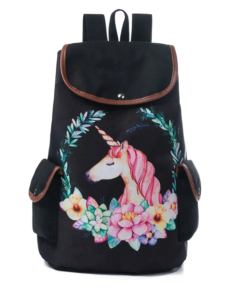 

Fashion Cartoon Unicorn Printed Backpack for Teenager Girl Lady Drawstring Design Canvas School Bag Women Travel Backpack