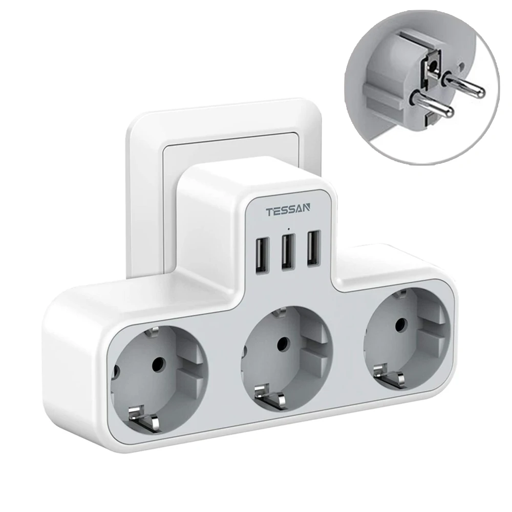 

TESSAN EU Plug Power Strip with 3 USB Ports 3 AC Outlets Multi Outlets Extender Wall USB Socket 110-230V Type-E/F Plug for Home