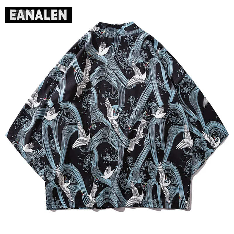 

Summer men's thin Japanese kimono ukiyo-e crane graphic coat streetwear hip hop cardigan loose Harajuku vintage print robe jacke