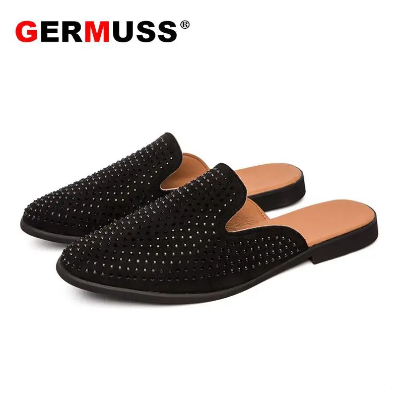 Лоферы ручной работы модные мужские тапочки с блестящими заклепками черные шипы