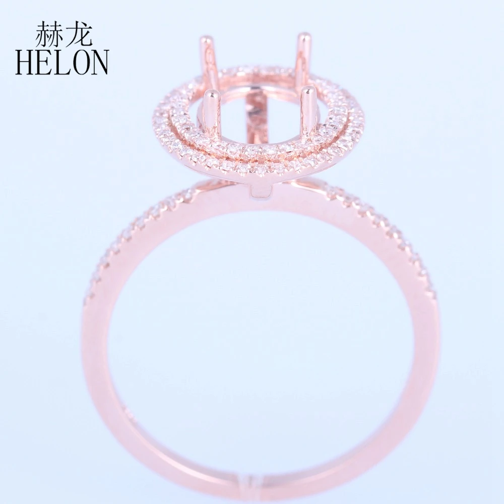 

HELON 7x9mm Oval Solid 14K Rose Gold Pave Natural Diamond Semi Mount Engagement Ring Two Halo Diamonds Ring Ladies Fine Jewelry