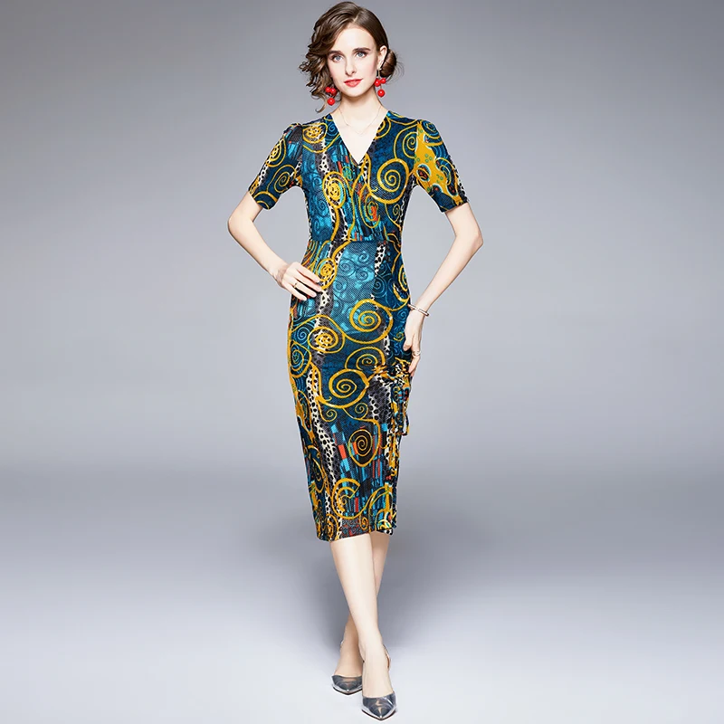 

Runway Plus 3XL Summer Dress Robe Boheme Femme Vintage Print Split Elegant Office Lady Bodycon Dresses Vestido Mujer N4538
