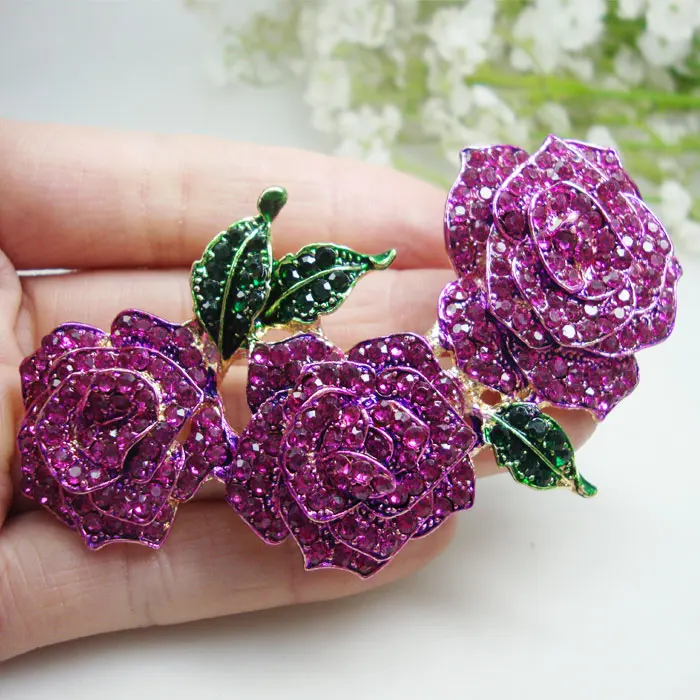 

Charming Woman's 3 Rose Flower Brooch Pin Purple Crystal Rhinestones Holiday Gifts