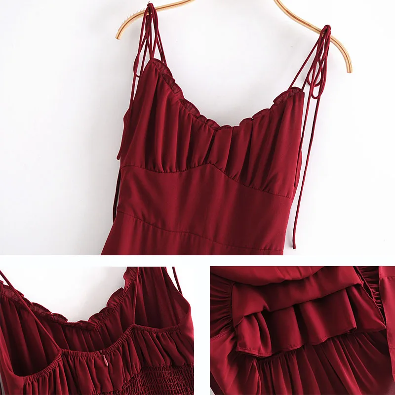 

Women Elegant Midi Classic Dresses Adjustable Spaghetti Strap Summer Slim Sleeveless Vintage Ruffles Beach Loose Vestidos