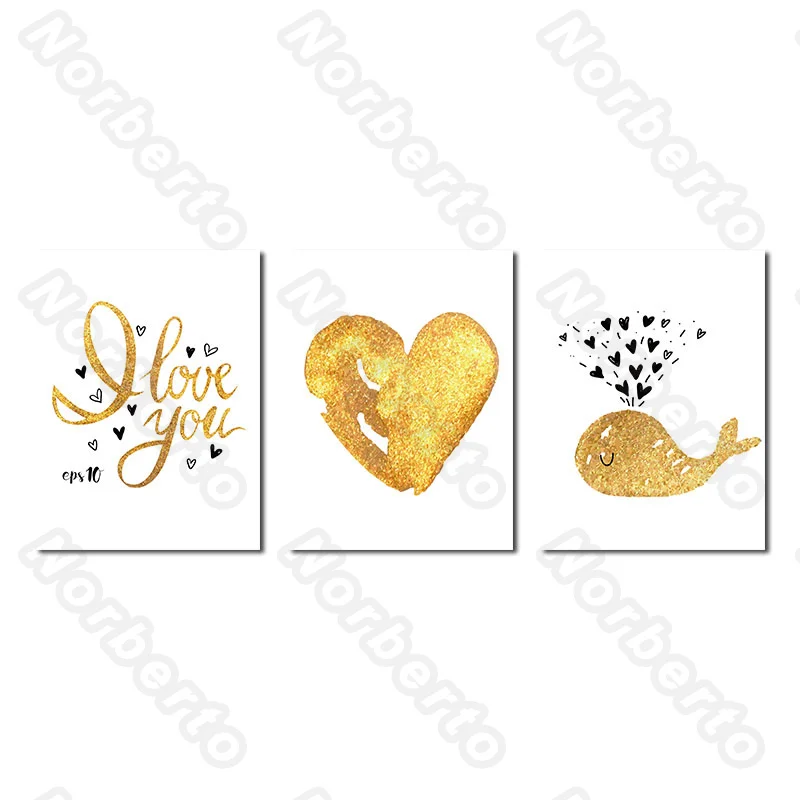 

Modern Style Canvas Painting Wall Poster Yellow Art Letters i Love You Golden Heart Shape Snail for Living Room Bedroom Decorati