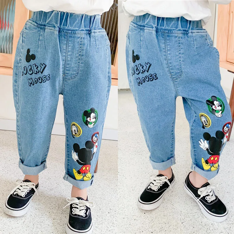 Джинсы детские на весну и осень с мультяшным принтом резинке |