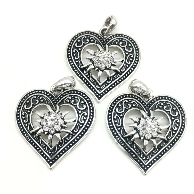 

3pc/lot 47*38mm Bohemia Flower Pendant Hollow Carved Flower Tibetan Silver Charm Multicolor Heart Edelweiss Charm Jewelry Making