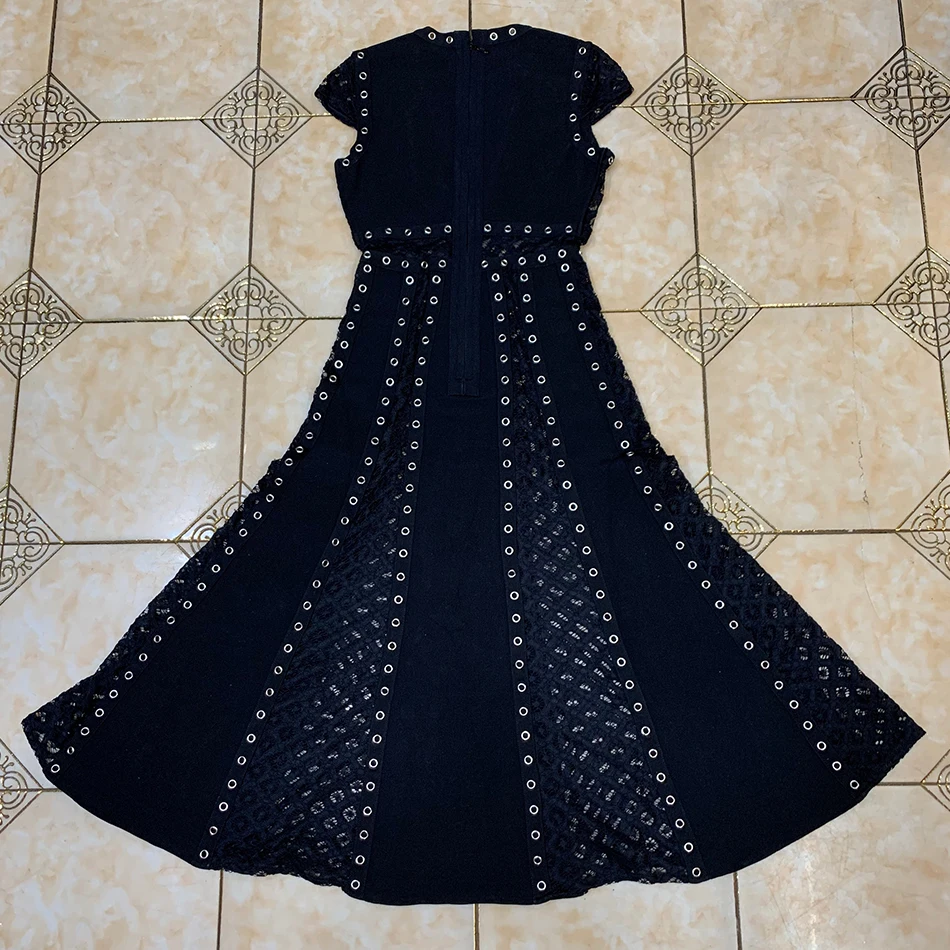 

2020 New Women'S Sexy V-Neck Transparent Lace Stitching Short Sleeve Rivet Bandage Long Dress Fashion Party Club Clothing