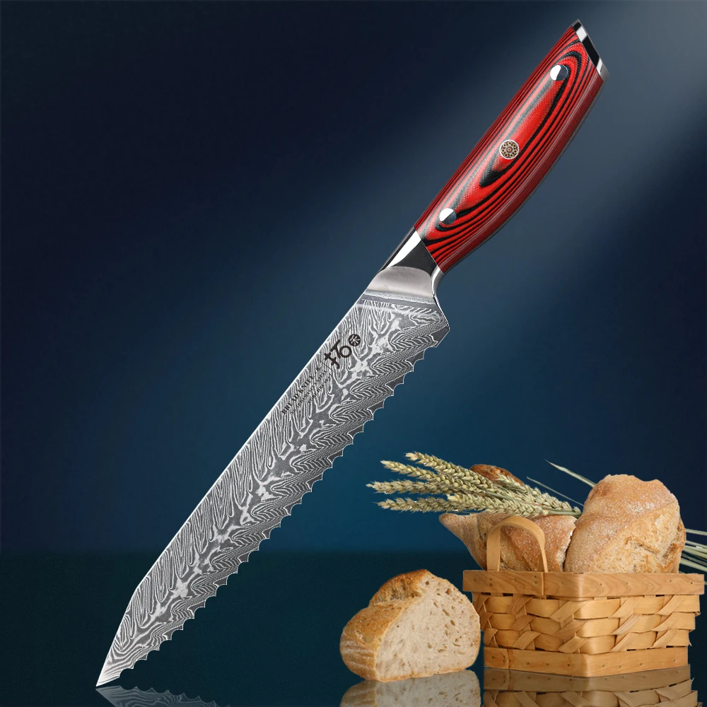 TURWHO 8'' inch Serrated Bread Knife Damascus Steel G10 Handle Kitchen Knives Brand High Quality Cake knife Cooking Tools