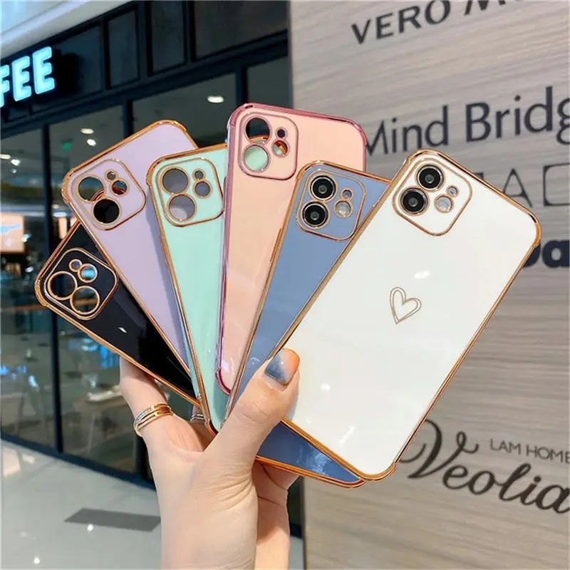 

Luxury Candy Colors Love Heart Plating Phone Case For iPhone 11 12 13 Pro Max Mini X XR XS Max 7 8 Plus SE 2022 Shockproof Cover