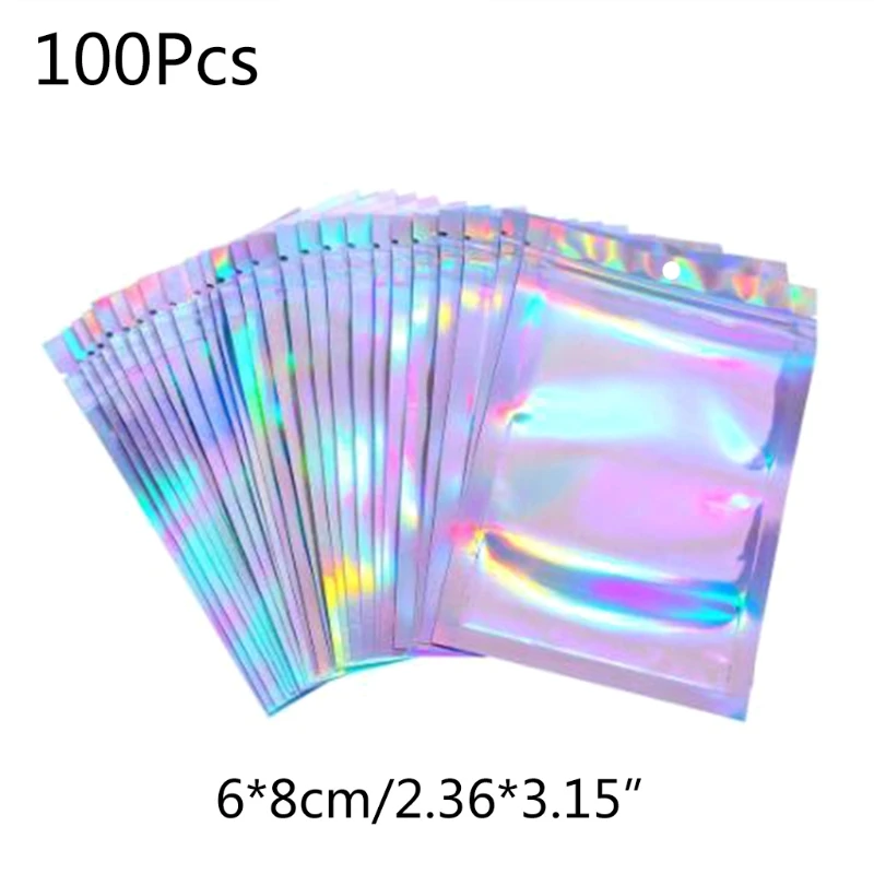 

Q0KF 100pcs Translucent Zip Lock Bags Holographic Storage Bag Xmas Gift Packaging Cosmetics Pouch
