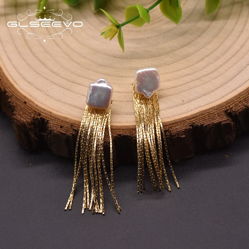 GLSEEVO Золотая кисточка необычные серьги-гвоздики пресноводный барочный жемчуг