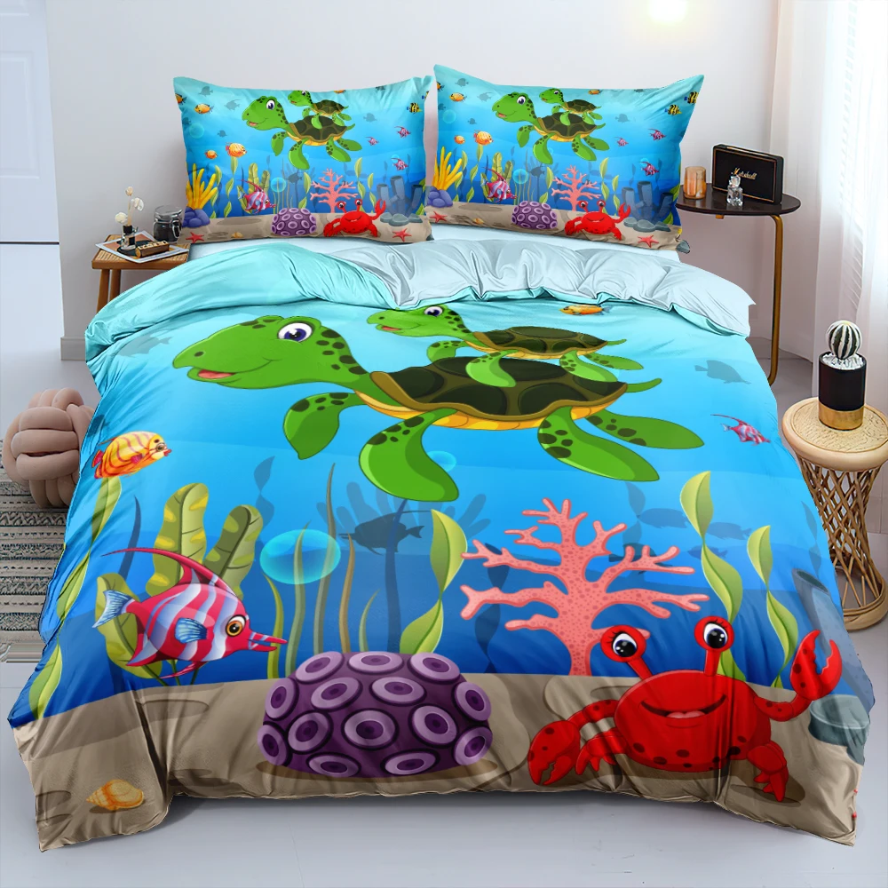 

HD Cartoon Sea World Linens Bed Blue Custom Design Quilt Cover Set Full Double King Size 203x230cm Bedding Set for Children Gift