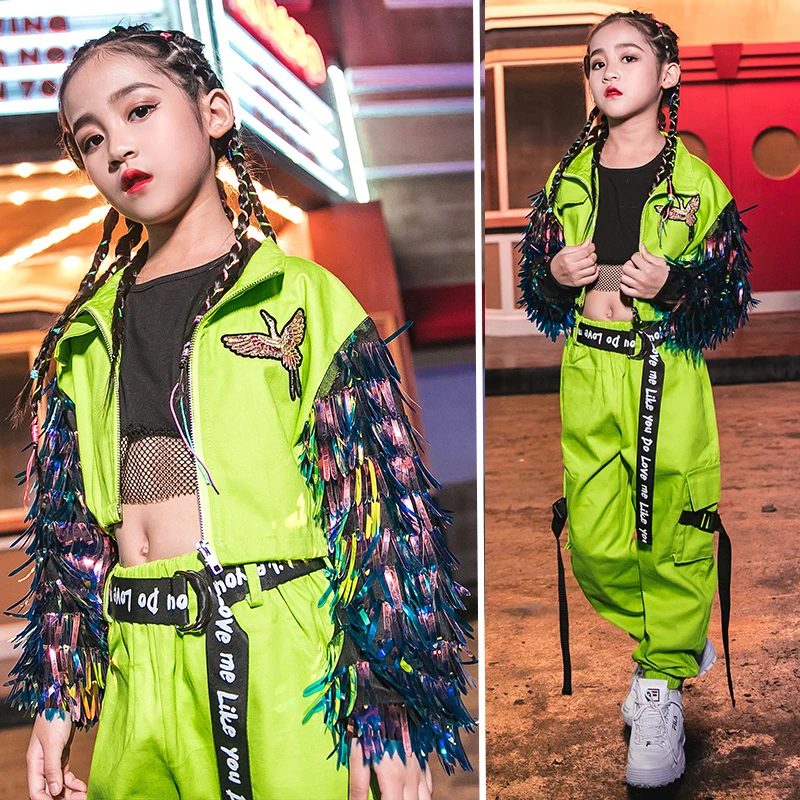 

Children's Jazz Dance Costume Hip Hop Dance Clothing Loose Fluorescent Green Suit Street Dance Stage Show Dance Wear VDB949