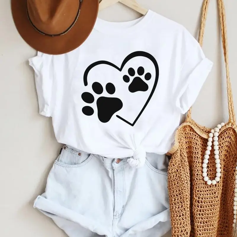

Women Casual T-shirt Cartoon Harajuku Heart Dog Paw Print T Shirt 2021 Summer Short Sleeved O-Neck Tshirt Women Fashion Top Tees