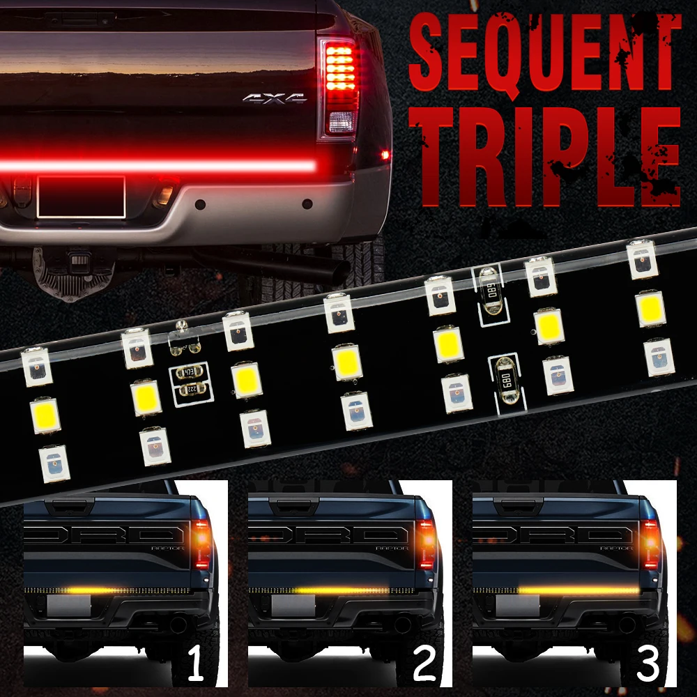 

OKEEN 12V LED Tailgate Light Bar Red Running Strip Light Sequential Amber Turn Signal Brake Reverse Tail Lights for Pickup SUV