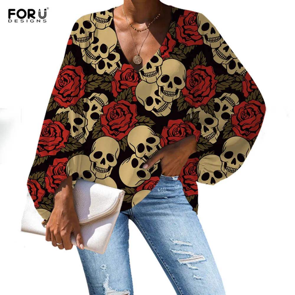 

FORUDESIGNS Blouse Chiffon 3D Skull with Rose Pattern Women Blouse Fashion Ladies Long Sleeve Brand Clothes Tops for Teenagers