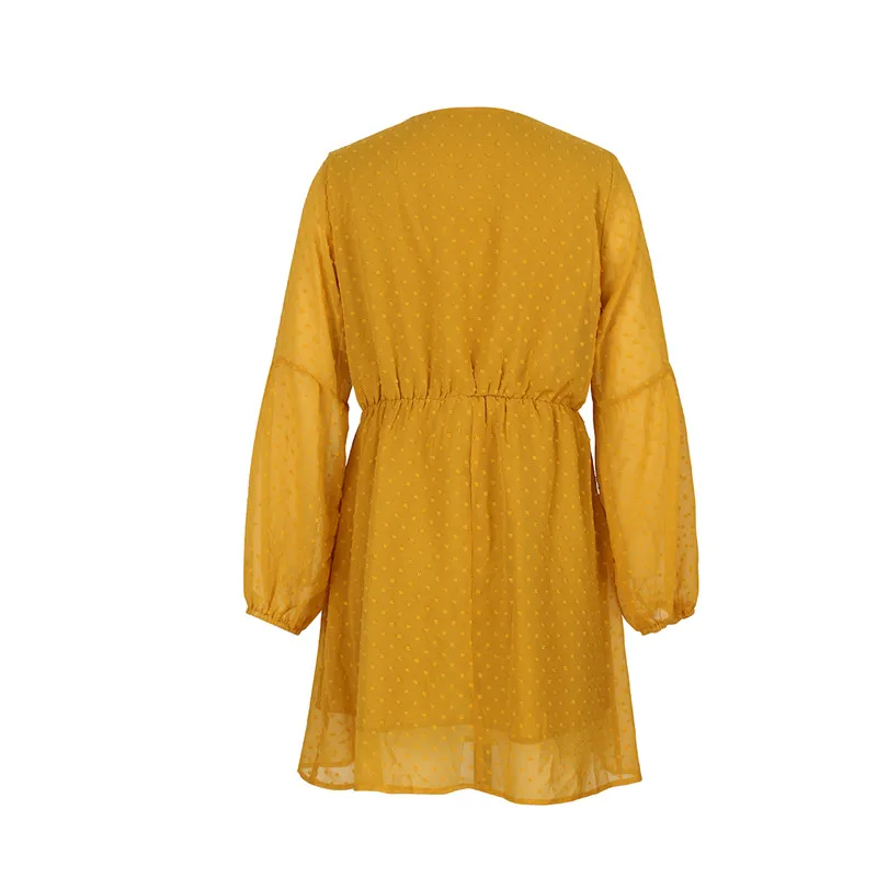 

New Spring Fashion A-Line Short Dresses Women Casual V Neck Lantern Sleeve Elastic Waist Dress Female Vintage Solid Color Dress