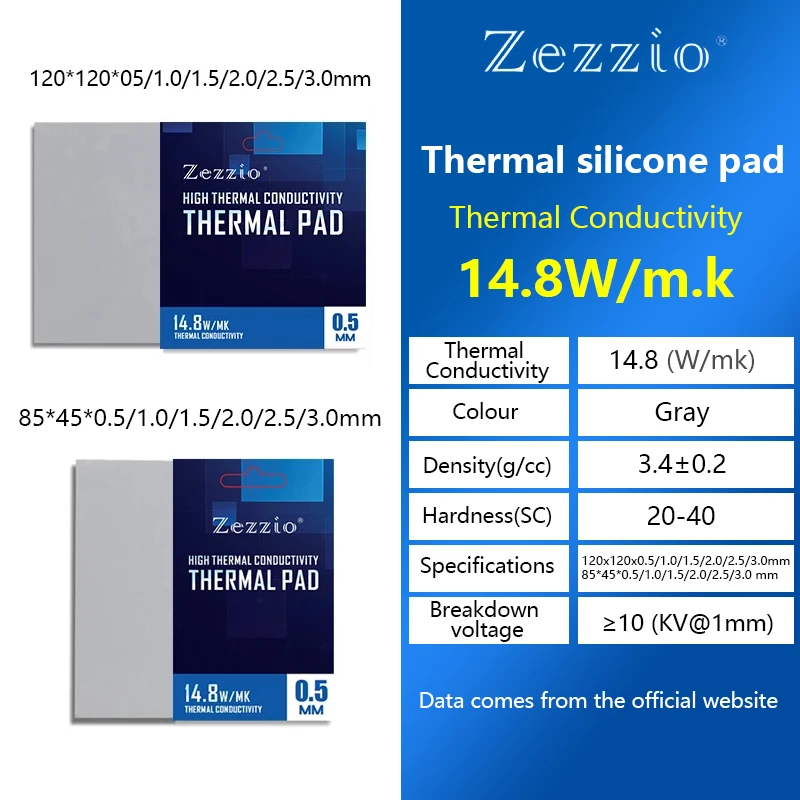 

Zezzio Thermal Pad 14.8W/MK Soft Heat Dissipation Silicone Pad Multi-Size CPU/GPU Graphics Card Motherboard Silicone Grease Pad