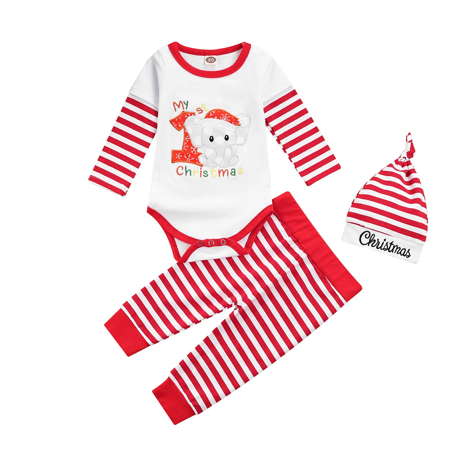 

3 Pcs Baby Christmas Outfits, Elephant & Letter Pattern Long Sleeve Round Neck Playsuit + Striped Trousers + Knotted Cap