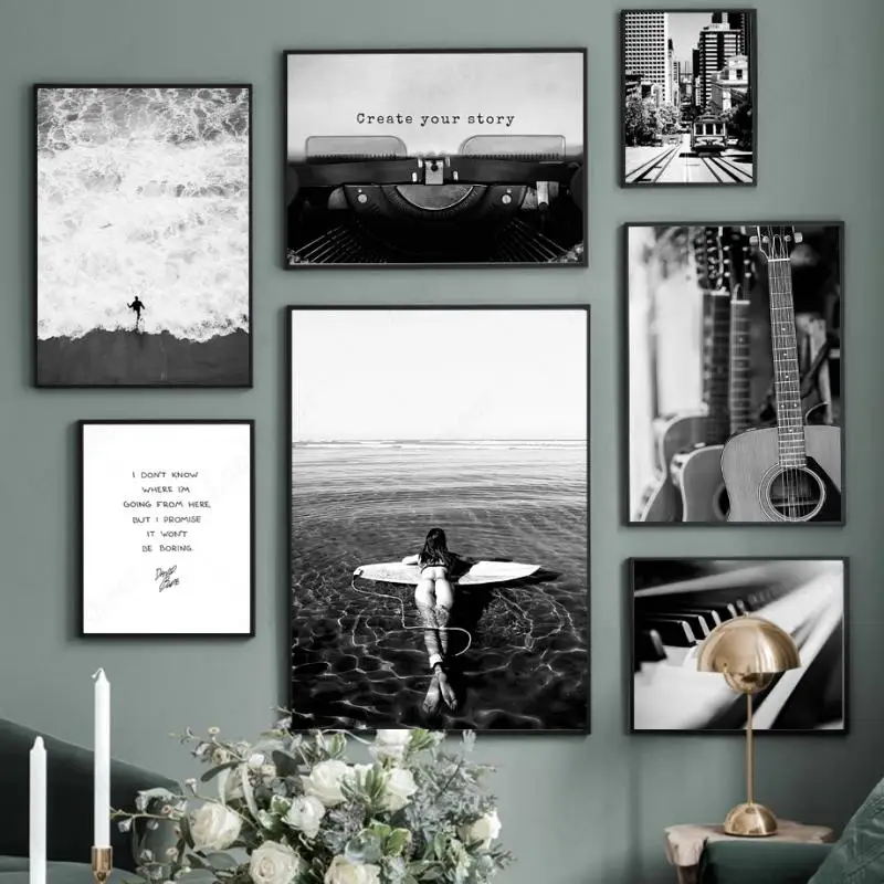 

Canvas Painting Retro Ocean Woman Surfboard Piano Printer Nordic Posters and Prints Wall Art Pictures for Living Room Home Decor