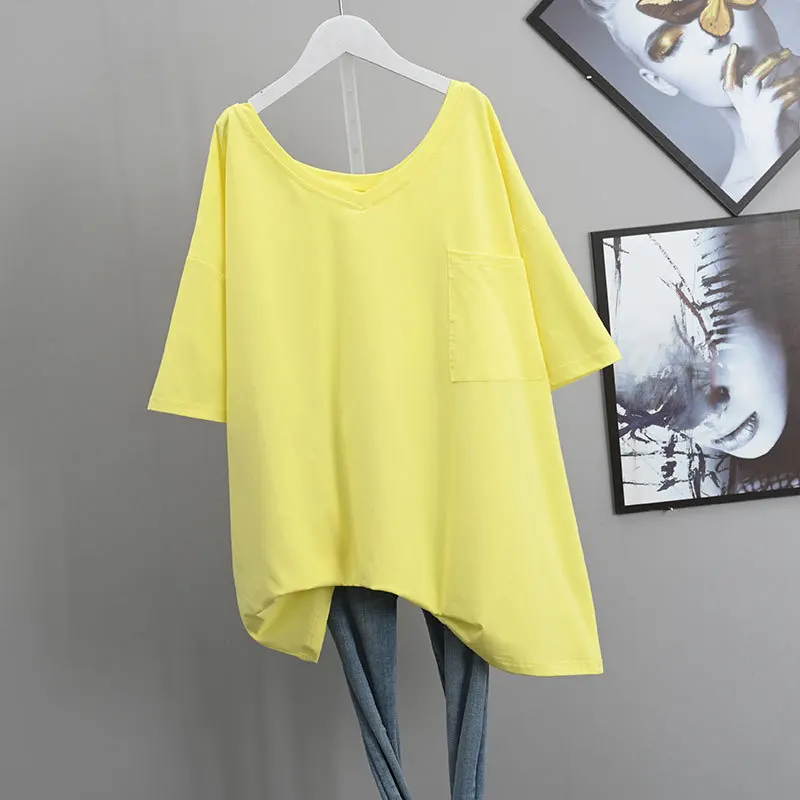 

2021 Summer V-neck T-shirt Short Sleeved Women New Plus Size Loose Thin Korean Patch Ins Simple Stretch Casual Top Free Shipping