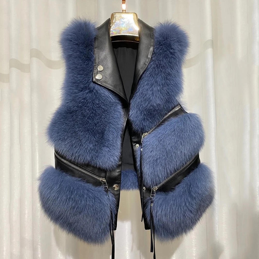 

2021 Women's New Real Fur Vest Genuine Fox Fur Gilet Fashion Winter Warm Waistcoat Autumn Outerwear S7928